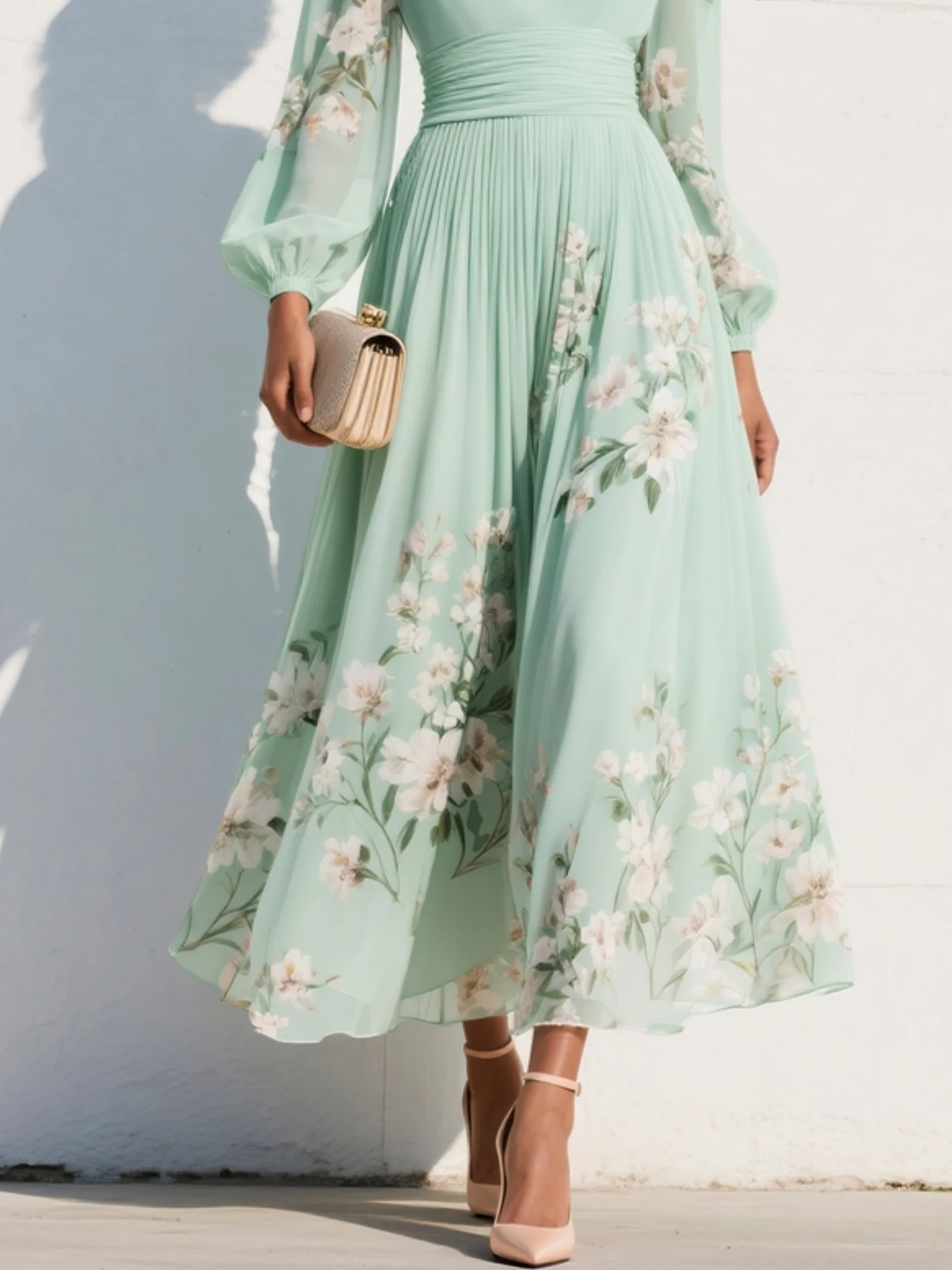 Susane | Abito maxi plissettato in chiffon verde menta con stampa floreale per donna