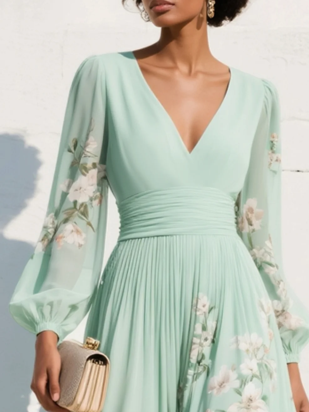 Susane | Abito maxi plissettato in chiffon verde menta con stampa floreale per donna