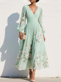 Susane | Abito maxi plissettato in chiffon verde menta con stampa floreale per donna