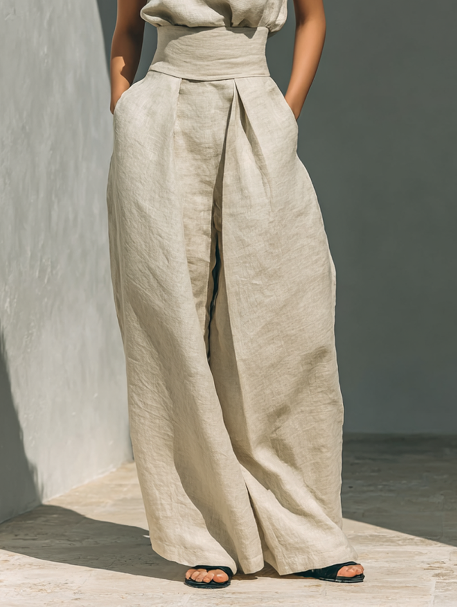 Aurora | Completo due pezzi beige in lino con top senza maniche e pantaloni larghi