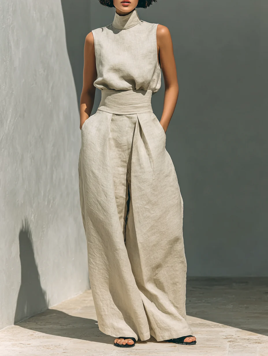 Aurora | Completo due pezzi beige in lino con top senza maniche e pantaloni larghi
