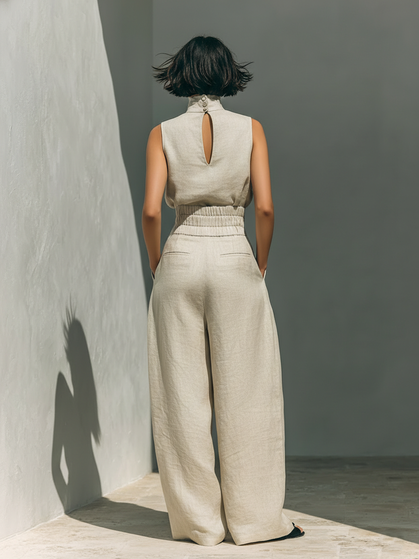 Aurora | Completo due pezzi beige in lino con top senza maniche e pantaloni larghi