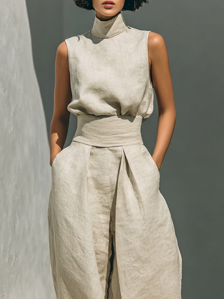 Aurora | Completo due pezzi beige in lino con top senza maniche e pantaloni larghi
