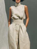 Aurora | Completo due pezzi beige in lino con top senza maniche e pantaloni larghi