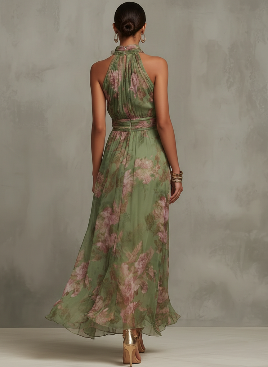 Serena | Abito maxi in mousseline floreale con scollatura americana