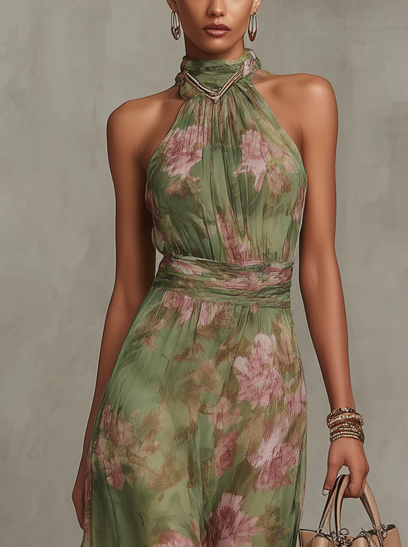 Serena | Abito maxi in mousseline floreale con scollatura americana