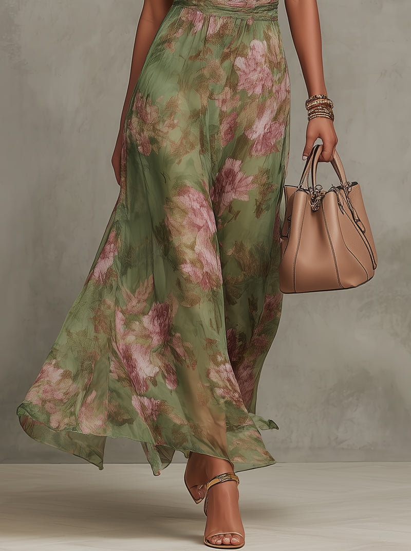 Serena | Abito maxi in mousseline floreale con scollatura americana