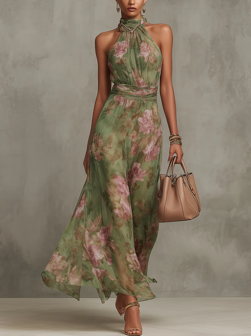 Serena | Abito maxi in mousseline floreale con scollatura americana