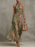 Serena | Abito maxi in mousseline floreale con scollatura americana