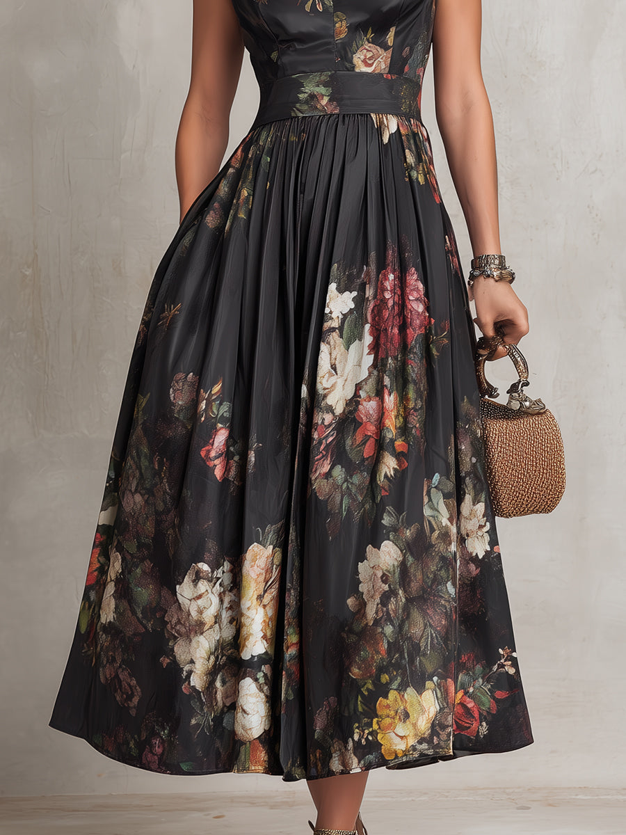 Violette | Abito midi in satin plissettato nero con stampa floreale e scollatura a goccia