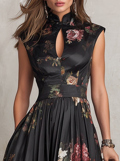 Violette™ | Abito midi in satin plissettato nero con stampa floreale e scollatura a goccia