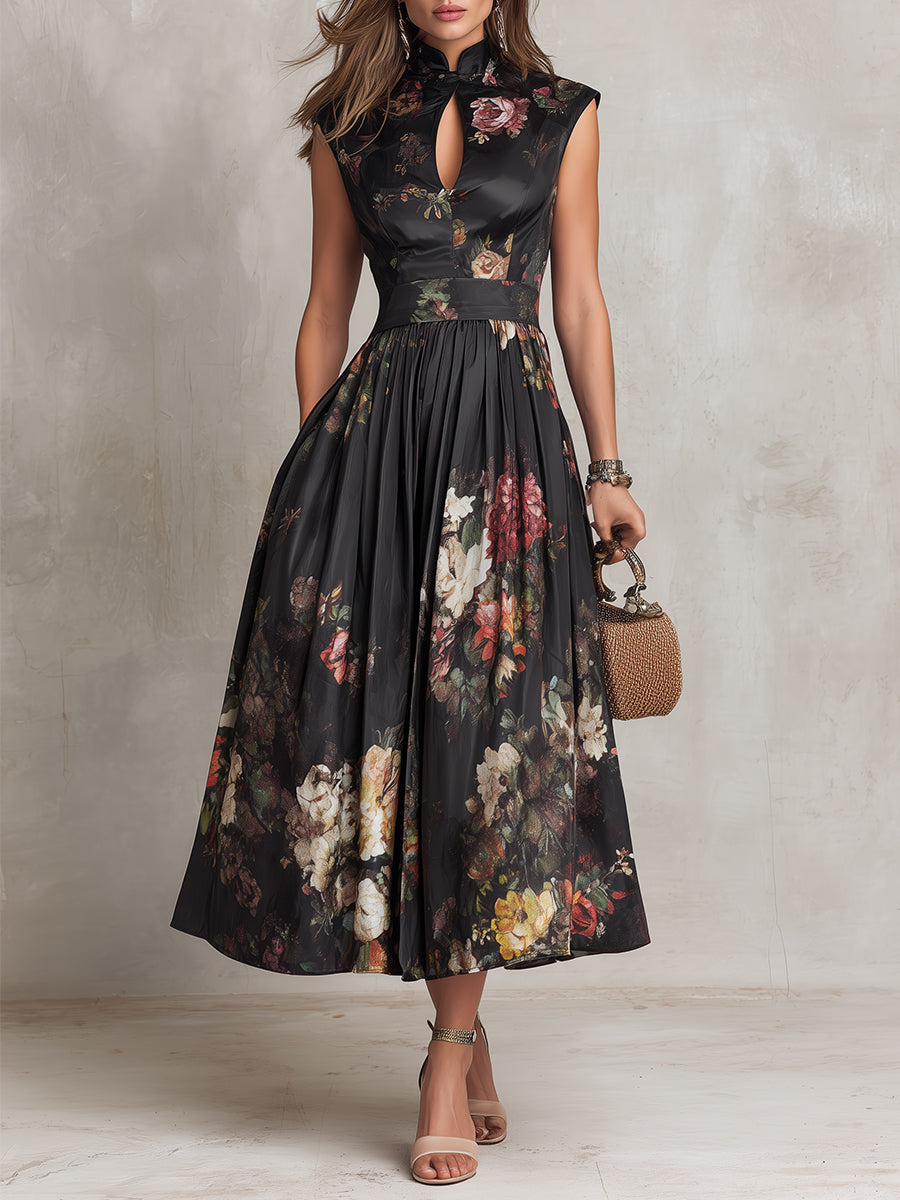 Violette | Abito midi in satin plissettato nero con stampa floreale e scollatura a goccia