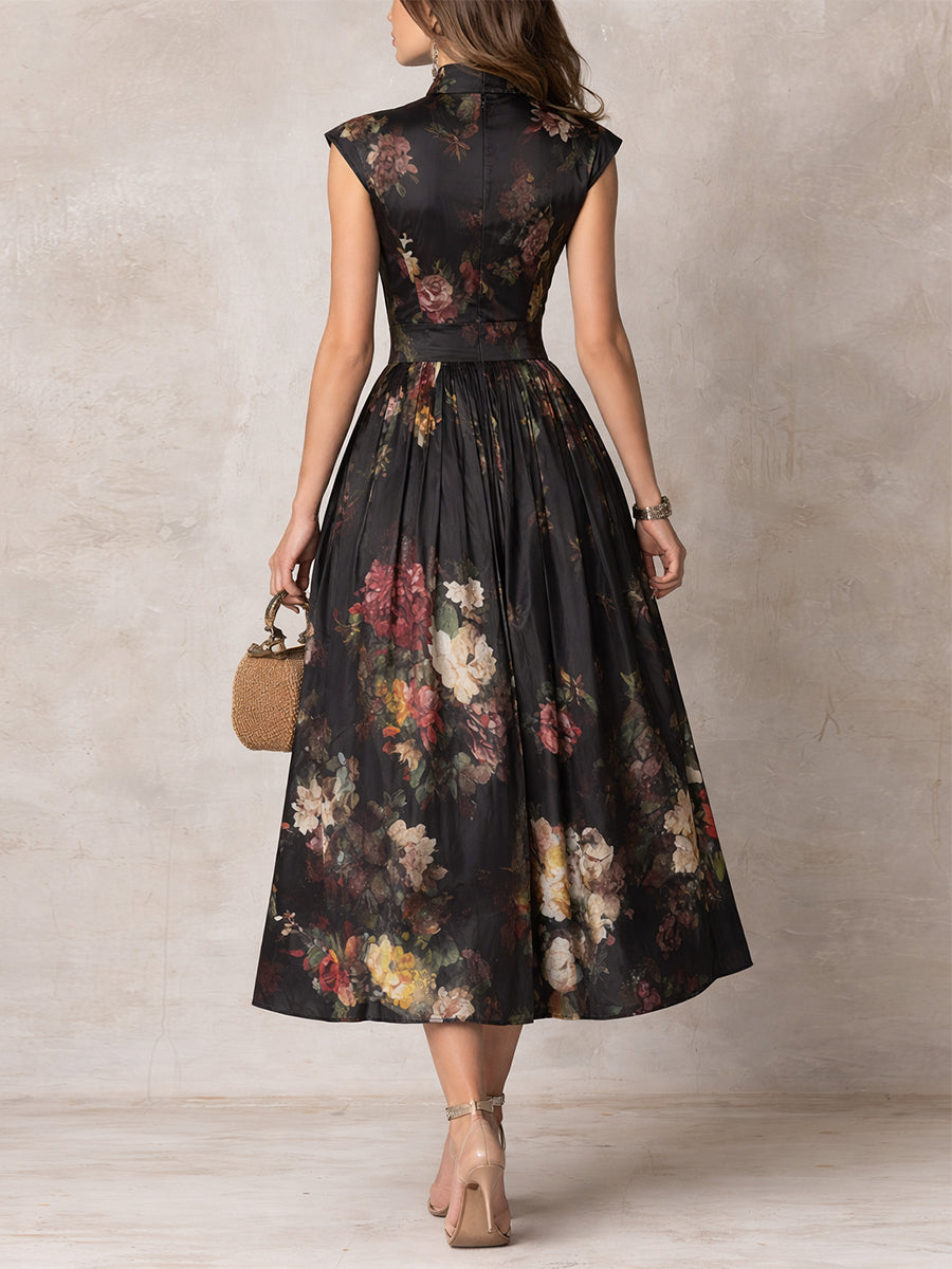Violette™ | Abito midi in satin plissettato nero con stampa floreale e scollatura a goccia
