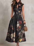 Violette™ | Abito midi in satin plissettato nero con stampa floreale e scollatura a goccia
