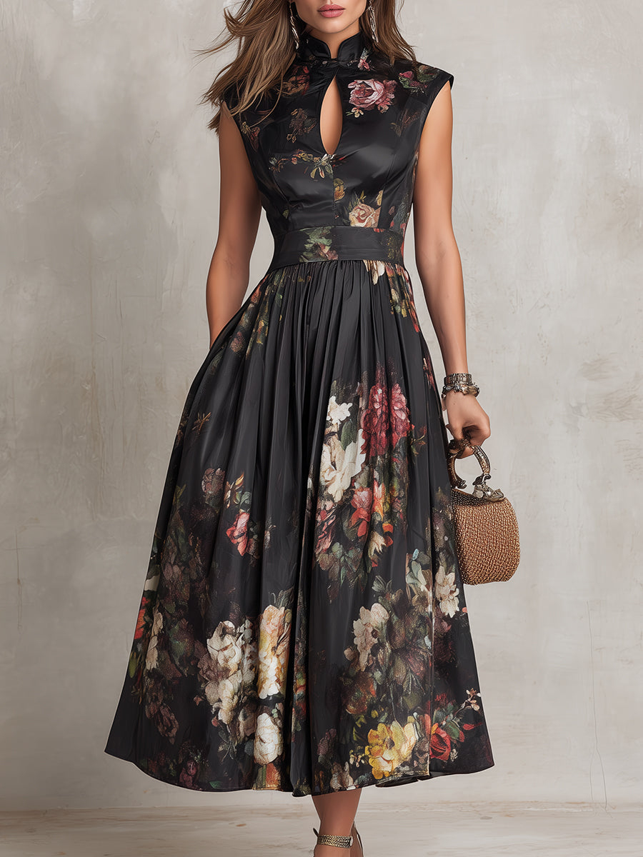 Violette™ | Abito midi in satin plissettato nero con stampa floreale e scollatura a goccia