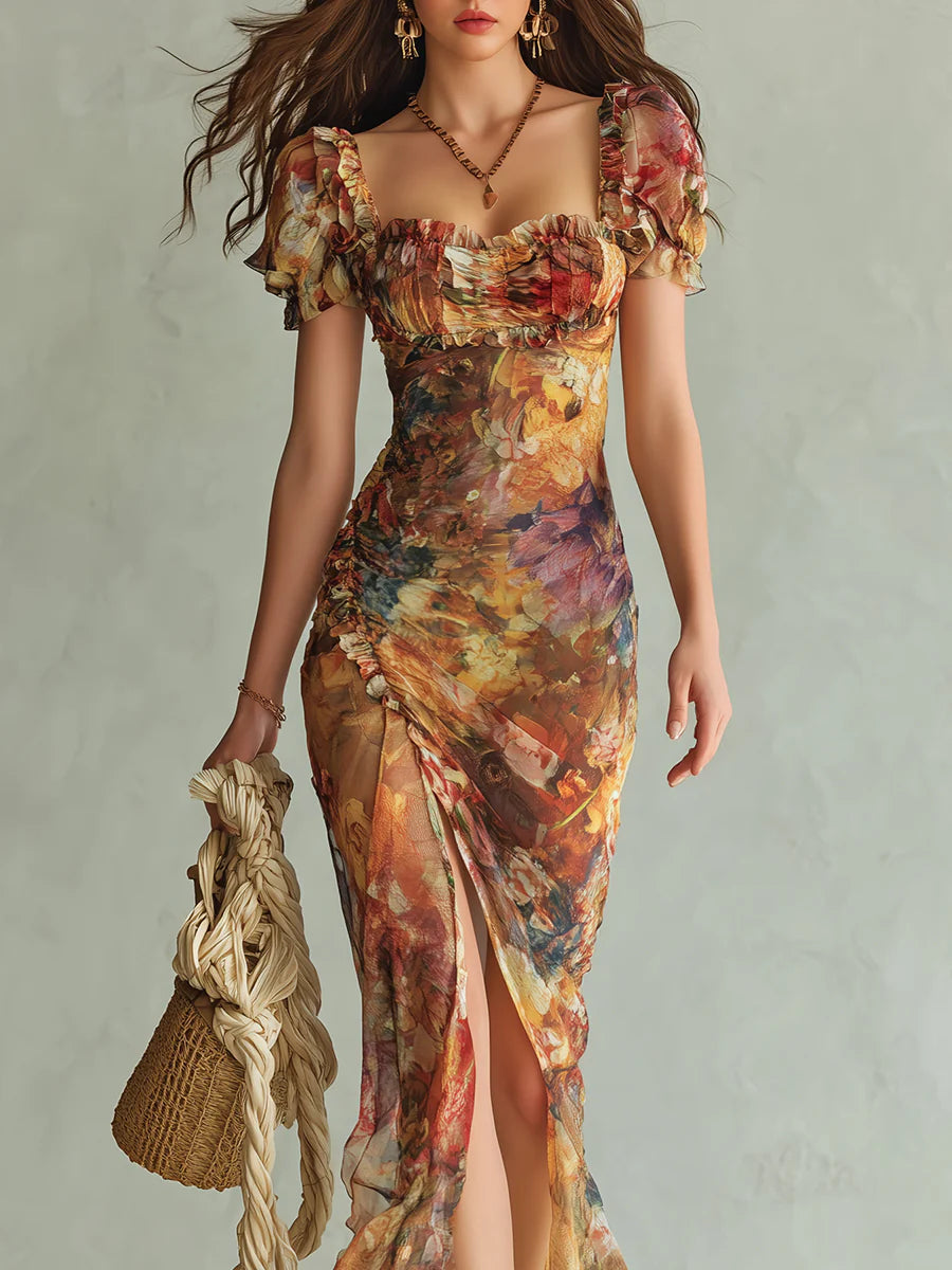 Violette | Abito maxi in chiffon arancione con stampa pittura ad olio stile bohémien