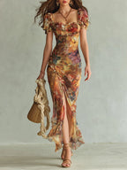 Violette | Abito maxi in chiffon arancione con stampa pittura ad olio stile bohémien