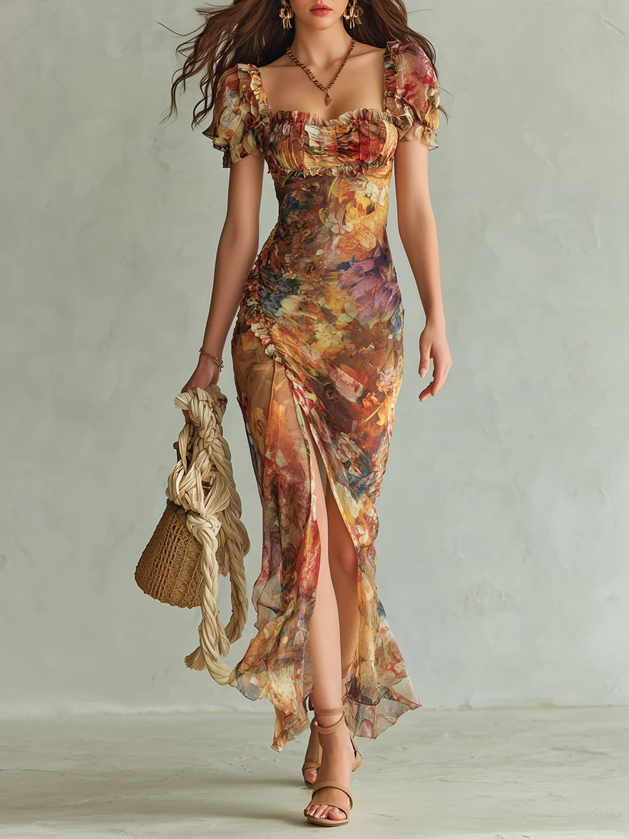 Violette | Abito maxi in chiffon arancione con stampa pittura ad olio stile bohémien