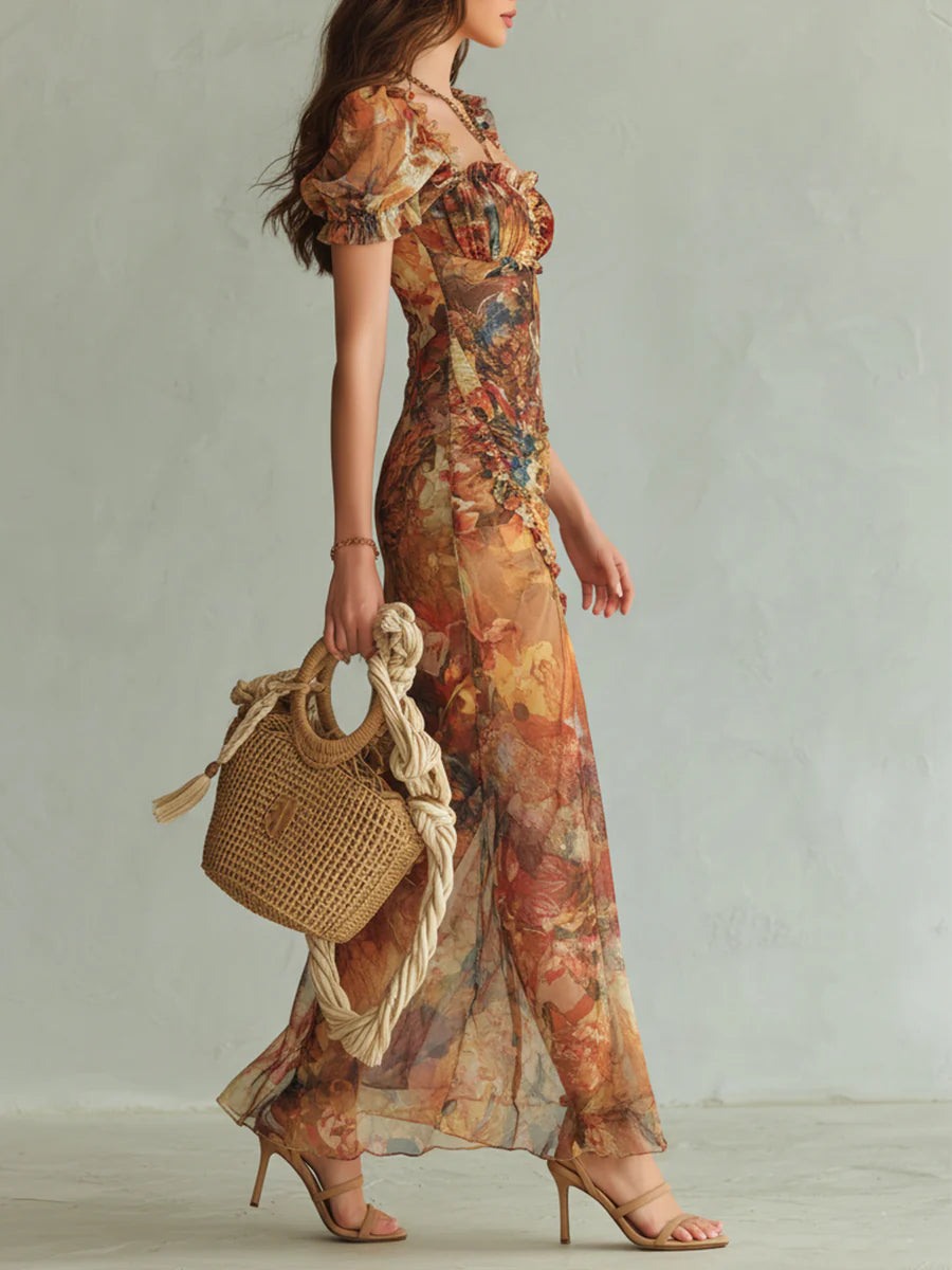 Violette | Abito maxi in chiffon arancione con stampa pittura ad olio stile bohémien