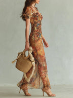 Violette | Abito maxi in chiffon arancione con stampa pittura ad olio stile bohémien