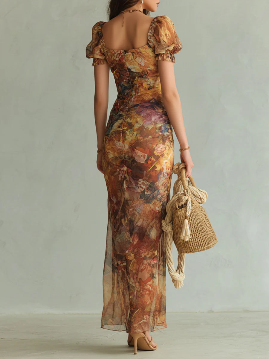 Violette | Abito maxi in chiffon arancione con stampa pittura ad olio stile bohémien