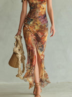 Violette | Abito maxi in chiffon arancione con stampa pittura ad olio stile bohémien