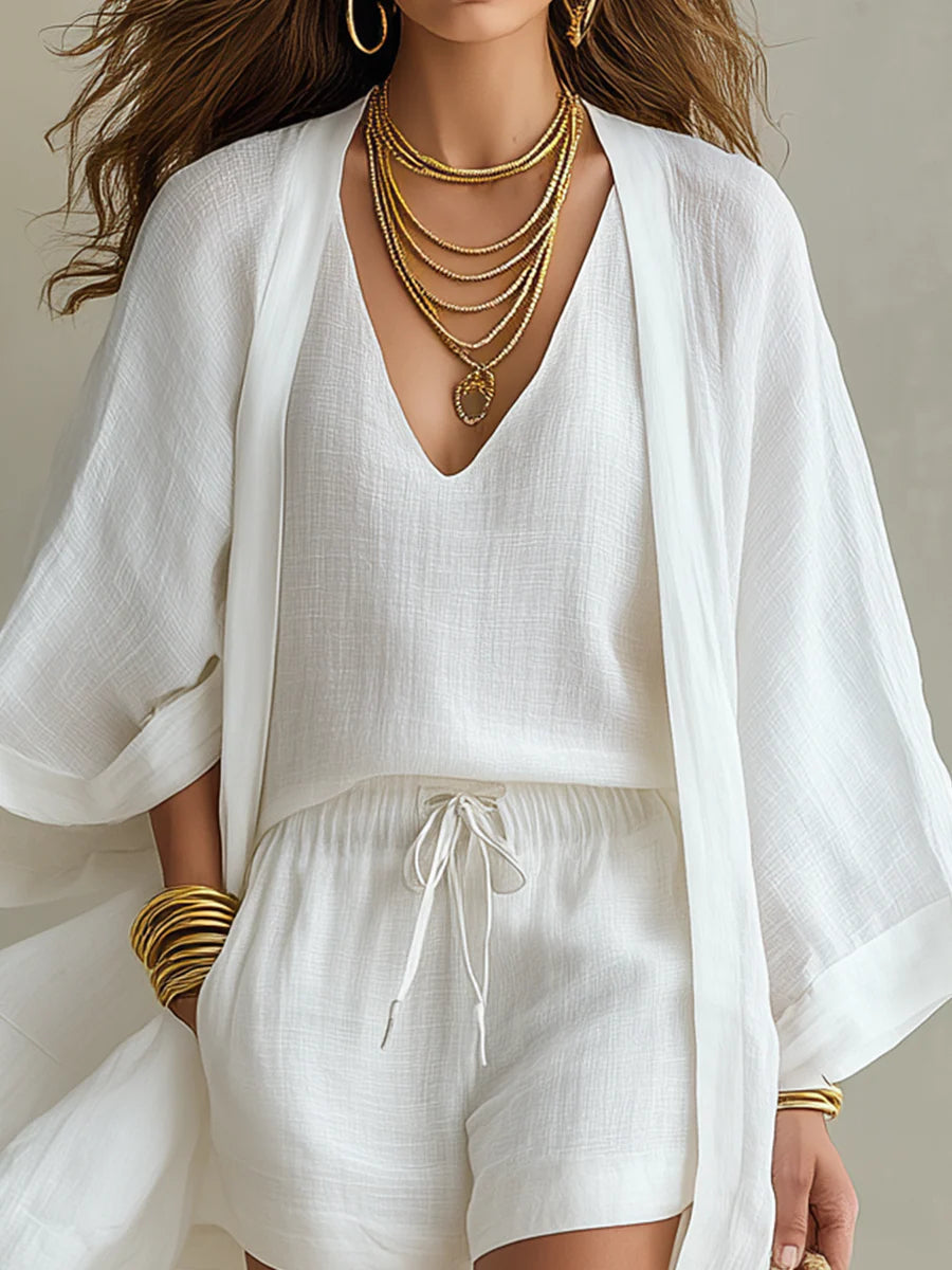 Charlotte | Completo tre pezzi: gilet ampio e pantaloni corti con cordino