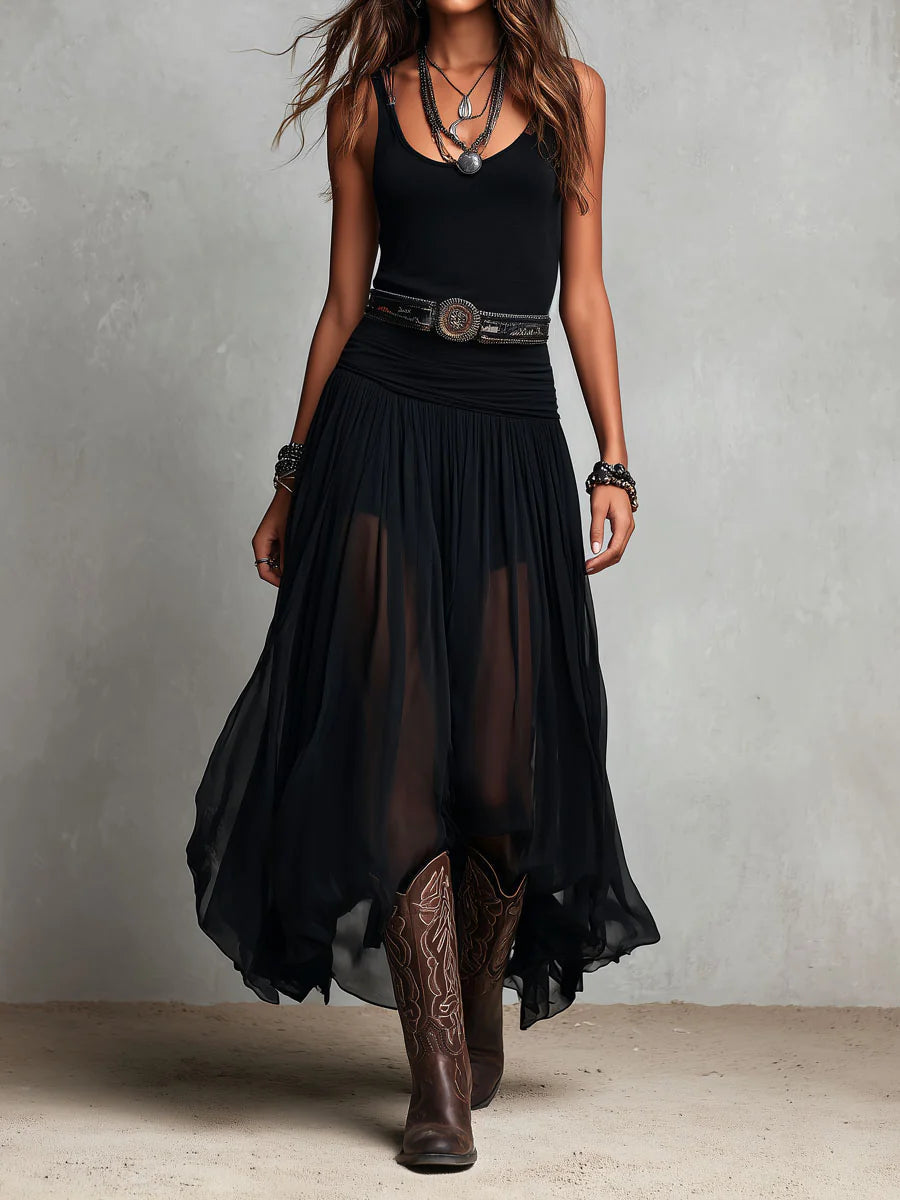 Thaïs | Abito maxi nero senza maniche con gonna in tulle (con cintura)