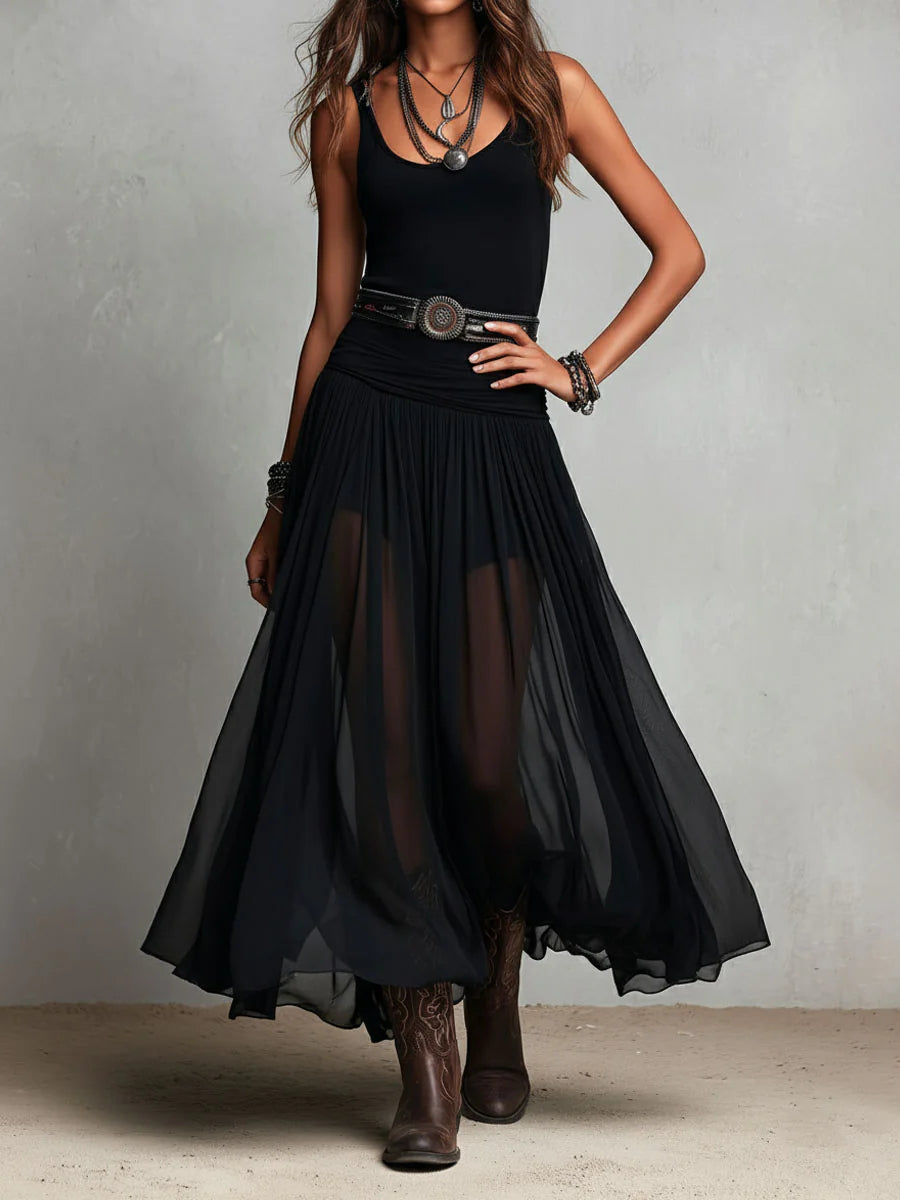 Thaïs | Abito maxi nero senza maniche con gonna in tulle (con cintura)