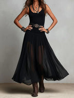 Thaïs | Abito maxi nero senza maniche con gonna in tulle (con cintura)