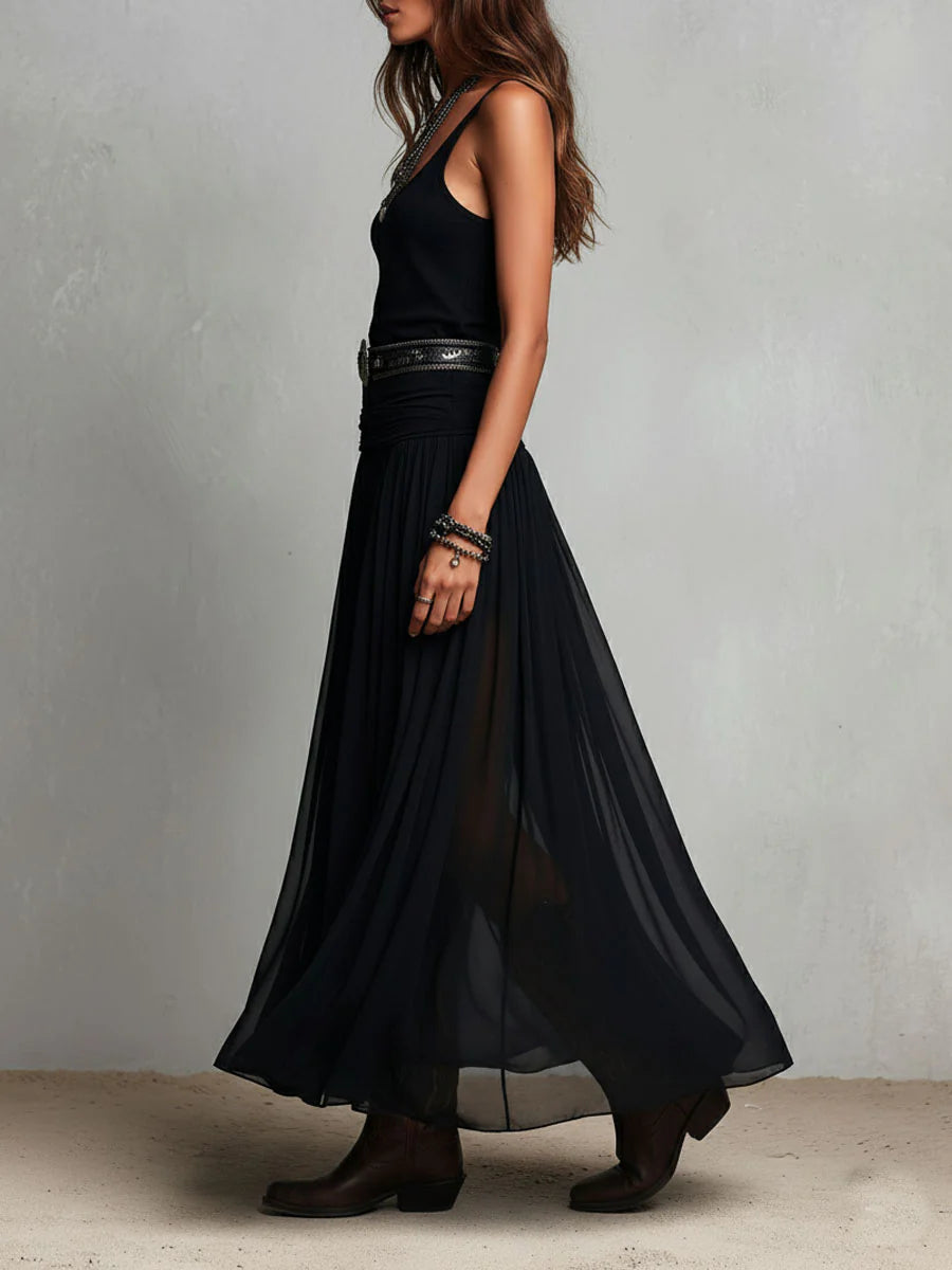 Thaïs | Abito maxi nero senza maniche con gonna in tulle (con cintura)