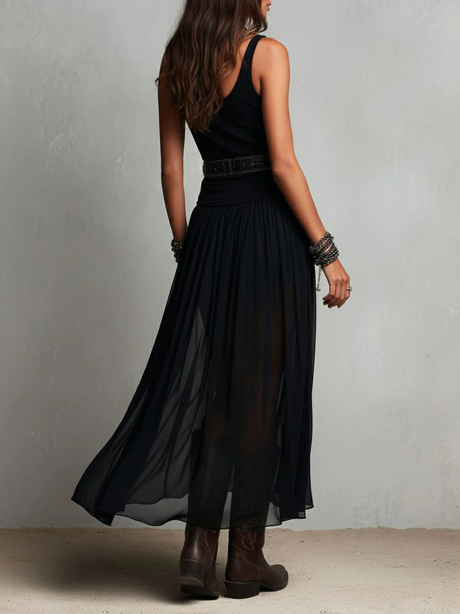 Thaïs | Abito maxi nero senza maniche con gonna in tulle (con cintura)