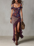 Lys | Abito maxi viola in stile nomade urbano con stampa leopardata, fiori e spacco alto