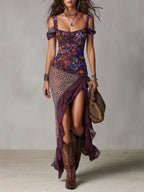Lys | Abito maxi viola in stile nomade urbano con stampa leopardata, fiori e spacco alto