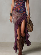 Lys | Abito maxi viola in stile nomade urbano con stampa leopardata, fiori e spacco alto