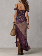 Lys | Abito maxi viola in stile nomade urbano con stampa leopardata, fiori e spacco alto