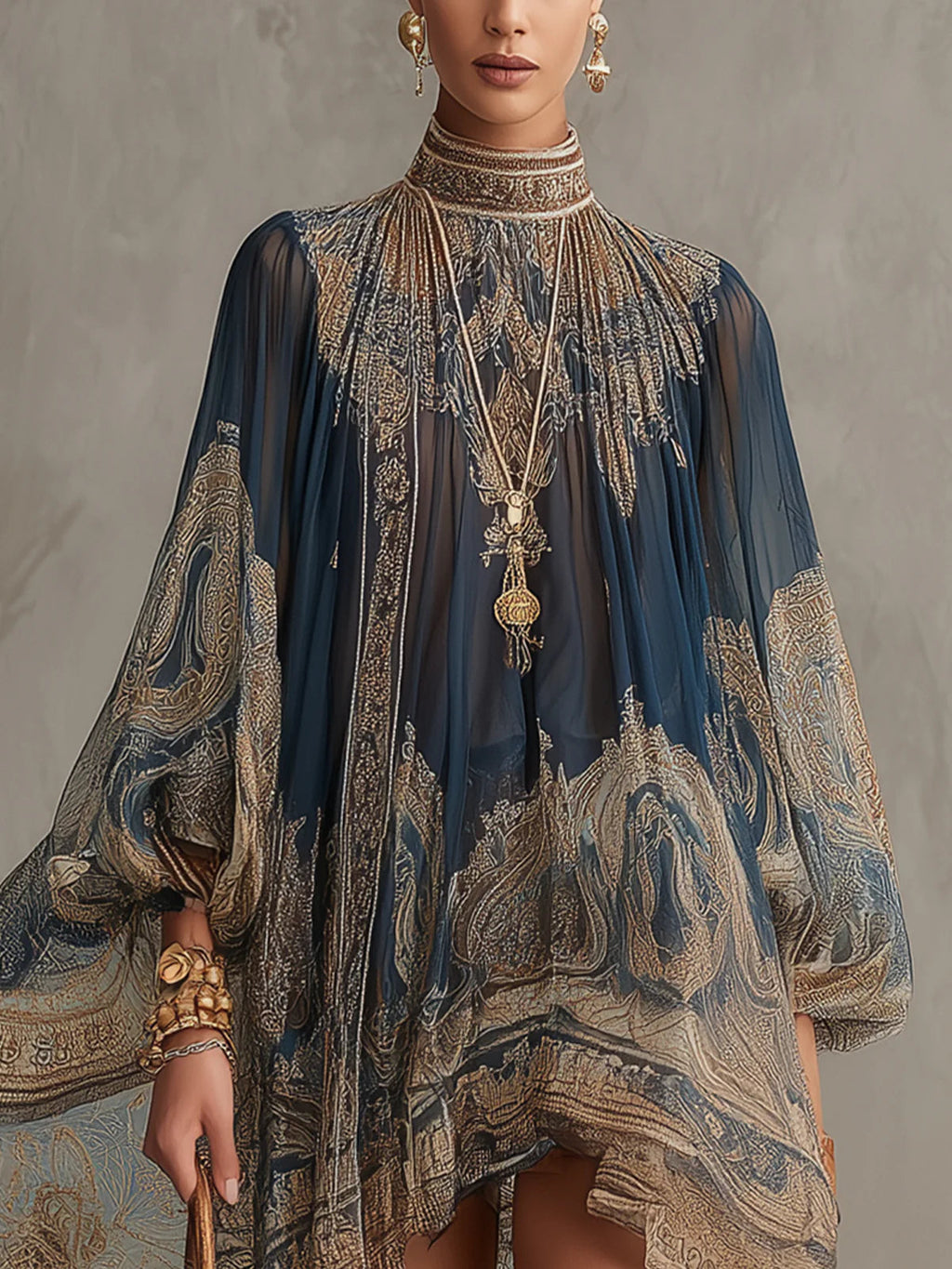 Agathe | Abito corto asimmetrico in chiffon blu navy con colletto alto e stampa barocca