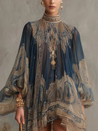 Agathe | Abito corto asimmetrico in chiffon blu navy con colletto alto e stampa barocca
