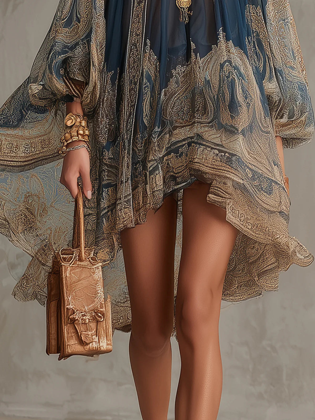 Agathe | Abito corto asimmetrico in chiffon blu navy con colletto alto e stampa barocca