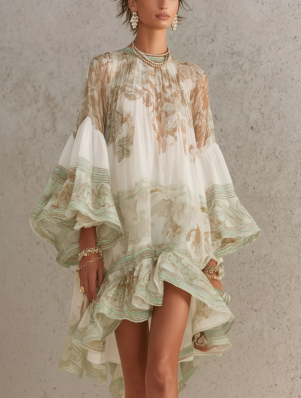 Solange | Abito corto asimmetrico in chiffon verde con volant e maniche a campana