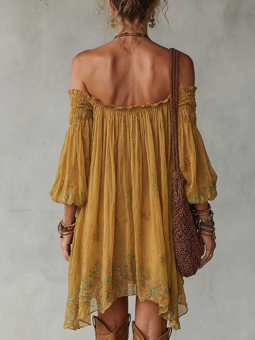 Giunchiglia | Mini Abito Floreale Giallo, Spalle Scoperte
