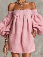 Violette | Abito Mini A-Line Rosa con Maniche a Lanterne e Spalle Scoperte
