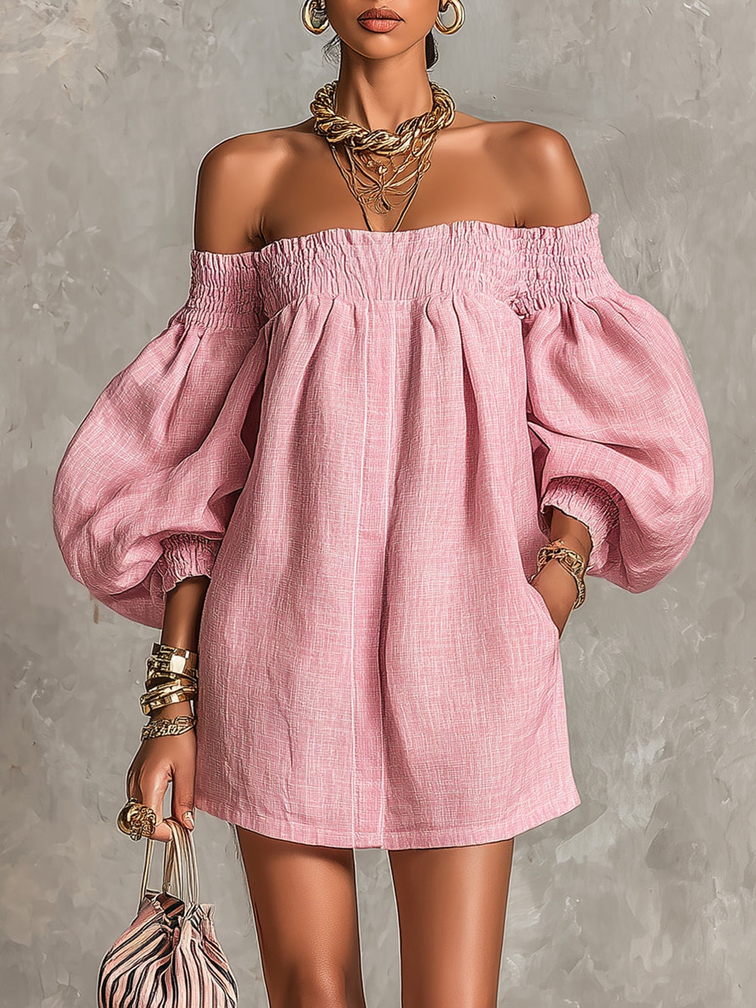 Violette | Abito Mini A-Line Rosa con Maniche a Lanterne e Spalle Scoperte