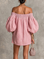 Violette | Abito Mini A-Line Rosa con Maniche a Lanterne e Spalle Scoperte