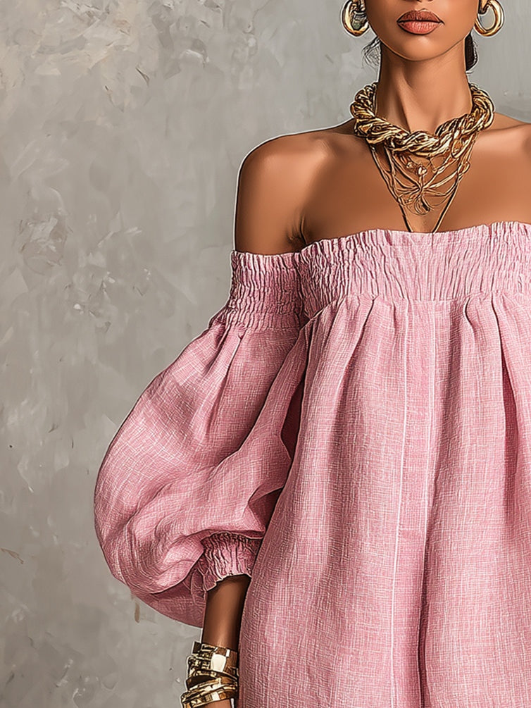 Violette | Abito Mini A-Line Rosa con Maniche a Lanterne e Spalle Scoperte