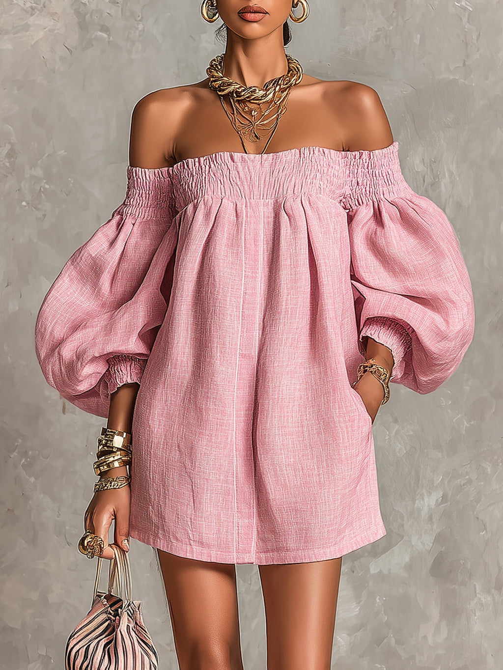 Rosabelle | Mini Abito A-Line Ampio, Maniche Lanternino, Spalle Scoperte Rosa