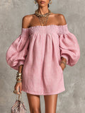 Rosabelle | Mini Abito A-Line Ampio, Maniche Lanternino, Spalle Scoperte Rosa