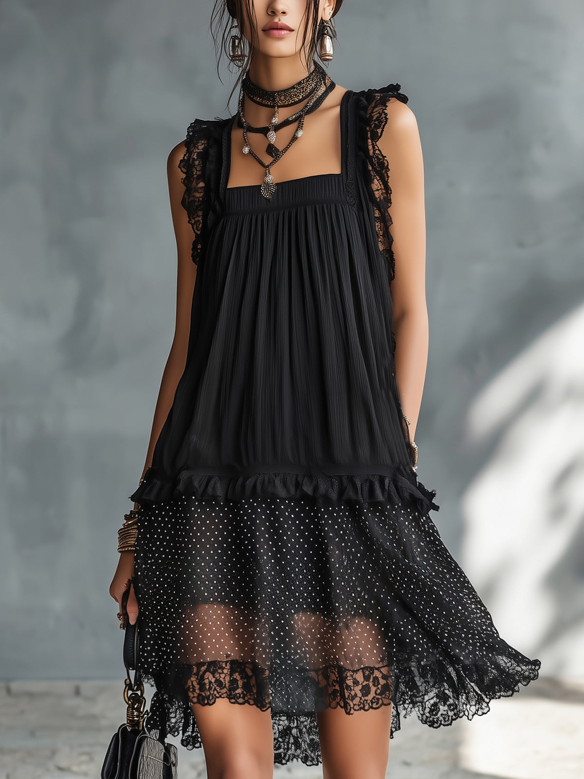 Pauline | Abito Mini Trasparente a Pois, Volant e Bordo in Pizzo Nero