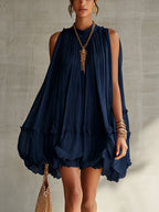 Océane | Mini Abito con Volant, Collo Halter, Blu Marino