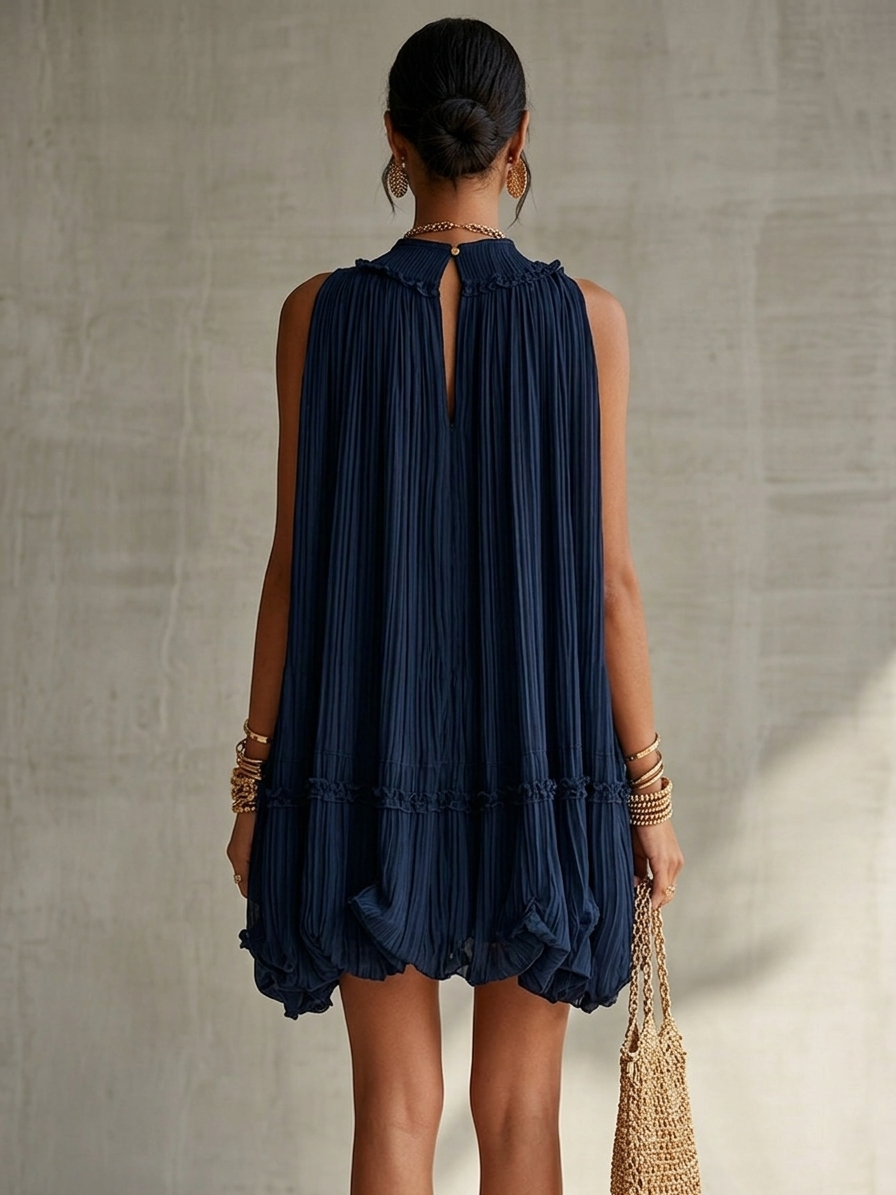 Océane | Mini Abito con Volant, Collo Halter, Blu Marino